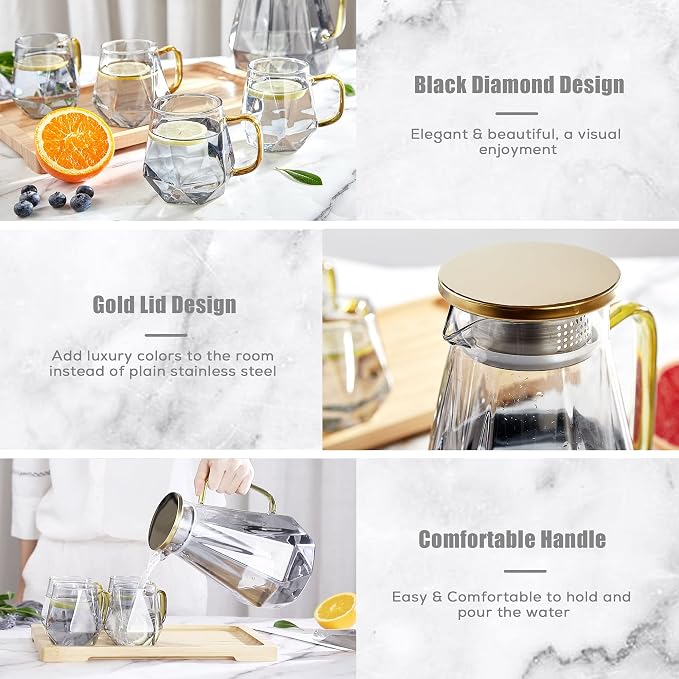 DUJUST Black Diamond Glass Pitcher Set (68 oz) with 4 Cups & 1 Tray, Modern Water Pitcher with Handle, Durable Jug for Fridge, Glass Carafe for Iced Tea/Juice/Beverage/Coffee/Drinks