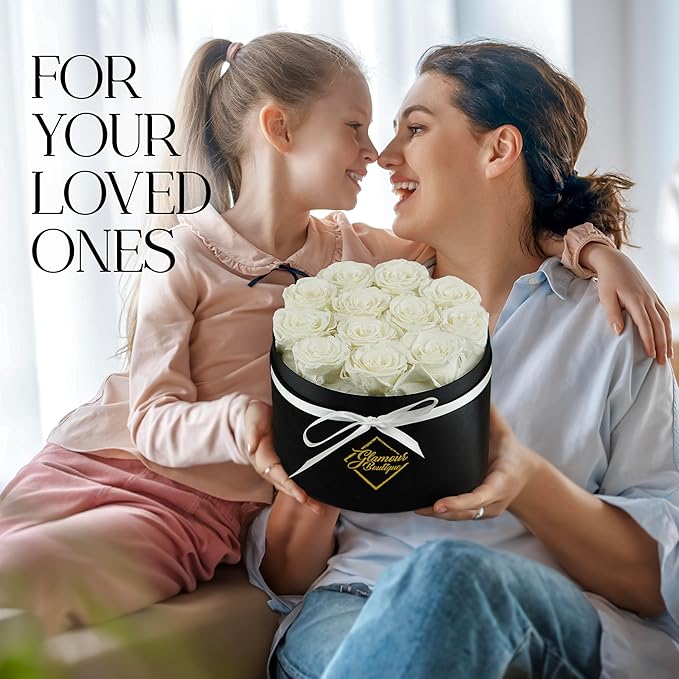 GLAMOUR BOUTIQUE Flowers Forever Gift Box, 12 Real Preserved Roses in Velvet Black Box, Floral Gift for Her, Mom or Wife for Birthday, Mother’s Day, Anniversary or Graduation, White (Color-Treated)