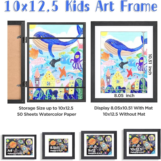 KINLINK 10x12.5 Kids Art Frame Set of 2, Solid Wood Kids Artwork Frames Changeable with Front Opening Hold 150 Pictures, Art Frames for Kids Art with Mat，without Mat 10x12.5 Picture Frame Black Wood