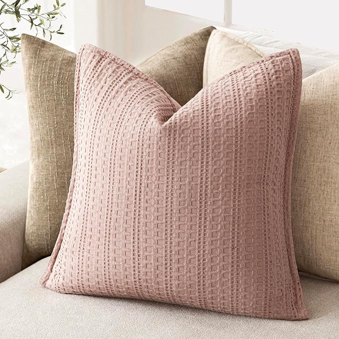 Foindtower Set of 2 Decorative Cotton Waffle Weave Throw Pillow Covers Euro Shams Cushion Covers Accent European Pillowcase for Bed Couch Sofa Bedroom Living Room Home Decor 18×18 Inch Dusty Pink
