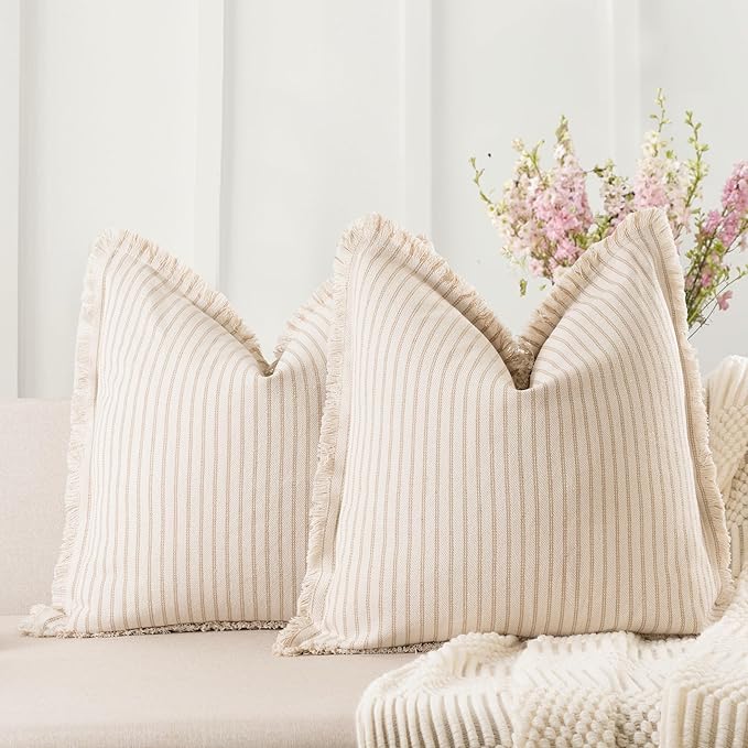 ZWJD Throw Pillow Covers 18x18 Set of 2 Striped Pillow Covers with Fringe Chic Cotton Decorative Pillows Square Cushion Covers for Sofa Couch Bed Living Room Farmhouse Decor, (Khaki)