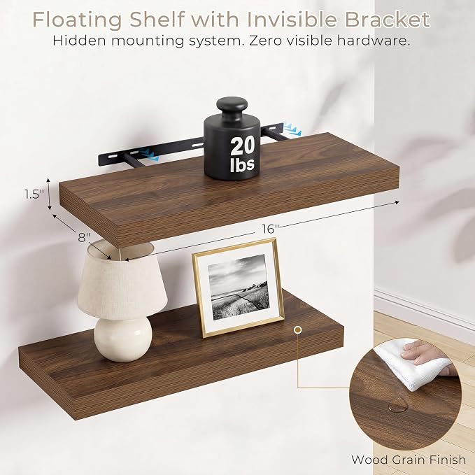Vivelove Wall Floating Shelves for Display with Invisible Brackets,16 Inch Floating Shelf for Bathroom Bedroom Living Room Kitchen, 16" X 8" X 1.4", Set of 2 - Walnut