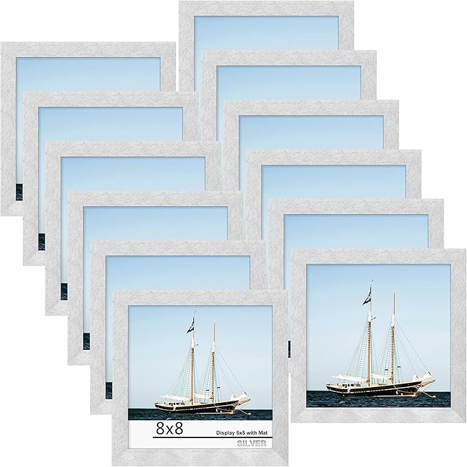 Picrit 8x8 Picture Frame Set of 12, Display 5x5 with Mat or 8 x 8 Without Mat, Photo Frames for Wall Mounting or Table Top Display, Silver