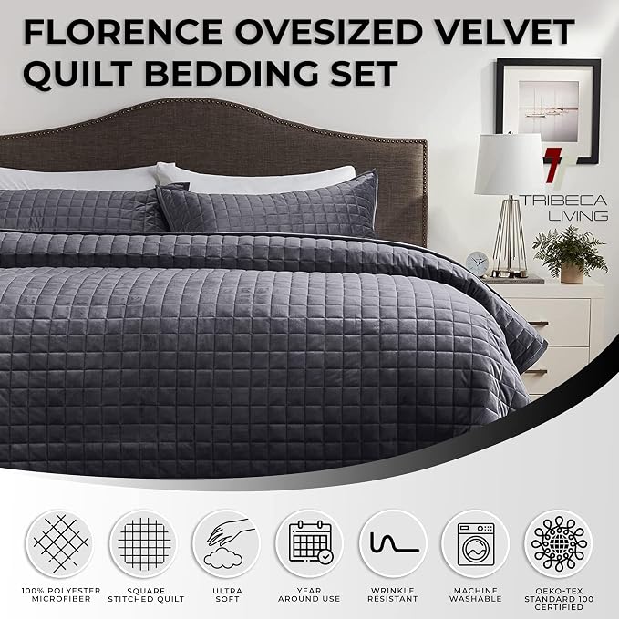 Tribeca Living Luxury Velvet Quilt King Size Set - 260GSM Ultra-Soft Oversized Velvet Bedspread Comforter Set with 2 Shams, in Florence Smoke Grey