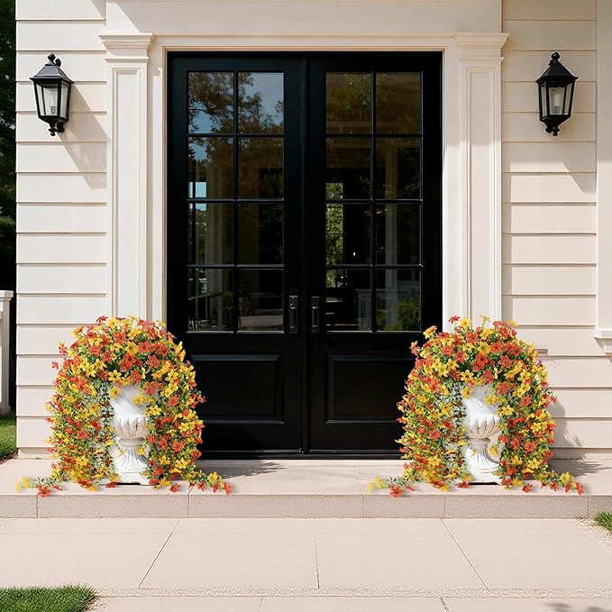 Artificial Fake Hanging Flowers Plants for Outdoor Spring Summer Decoration,2 PCS Faux Silk Daisy with Eucalyptus Leaves,UV Resistant Look Real for Outside Home Planter Porch Patio Balcony Yard Decor
