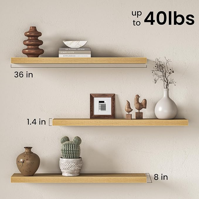 Fun Memories 36 Inch Floating Shelves, Wall Shelves Set of 2 for Bathroom/Living Room/Bedroom/Kitchen, Wall Mounted Floating Shelf for Home Decor with Invisible Brackets, Oak