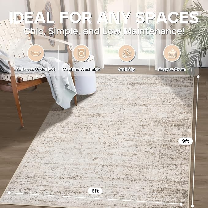 6x9 Area Rugs for Living Room Rug Washable: Modern Rug for Dining Room Bedroom Carpet Non Slip Low Pile 6 by 9 Indoor Abstract Nursery Home Office Beige Ivory