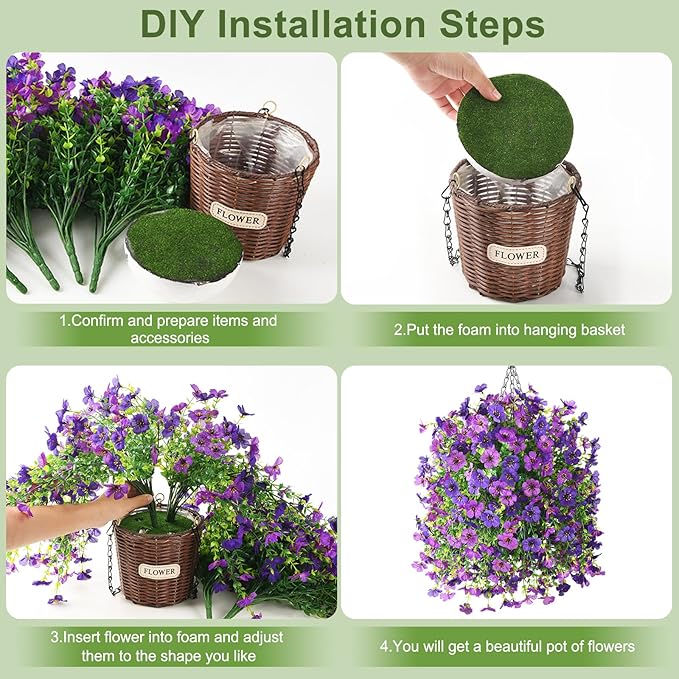 Artificial Flowers Hanging Baskets, 4 Bundles Outdoor Hanging Basket Spring Summer Decoration, No Fade Realistic Fake Flowers Plants for Porch Patio Balcony Home Yard Decor(Double Purple)