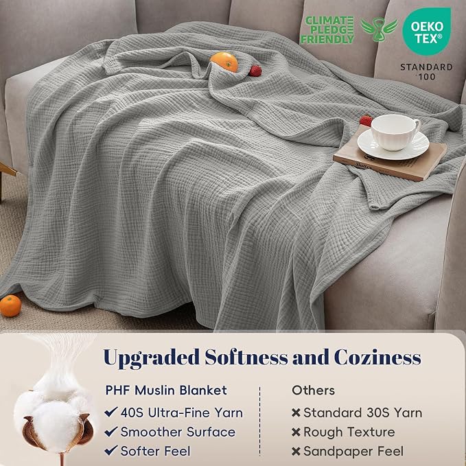 PHF 100% Cotton Muslin Blanket Twin XL Size 66"x90", 4-Layer Lightweight Gauze Throw, Breathable Cloud-Soft Minimalist Blanket for Bed, Couch, Camping & Baby, Light Grey, Ideal Gift