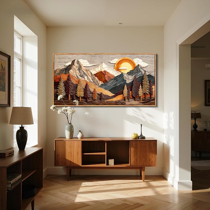 imjiayu Extra Large Wall Art, Mountain Wall Art, Boho Wall Decor, Neutral Landscape Art Prints, Sun Pine Tree Framed Artwork, Modern Paintings Wall Decor Living Room Dining Room Office Hotel 29"x57"