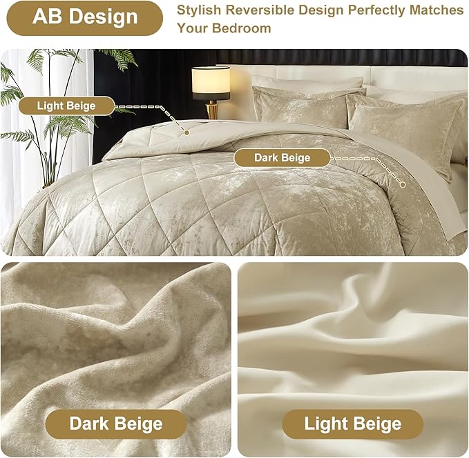 Ivellow King Comforter Set 7 Pieces Bed in a Bag Crushed Velvet Comforter Set Flannel King Beige Comforter Ultra Soft Breathable Luxury Soft Warm Winter Bedding Set with Sheets, Pillowcases & Shams