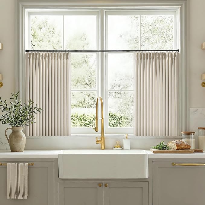 Beige Flax Linen Pleated Curtains 36 Inch Length 2 Panels for Kitchen Dining Room Pinch Pleat Drapes with Hooks Rings Semi Sheer Light Filtering Modern Farmhouse Short Curtains for Small Window