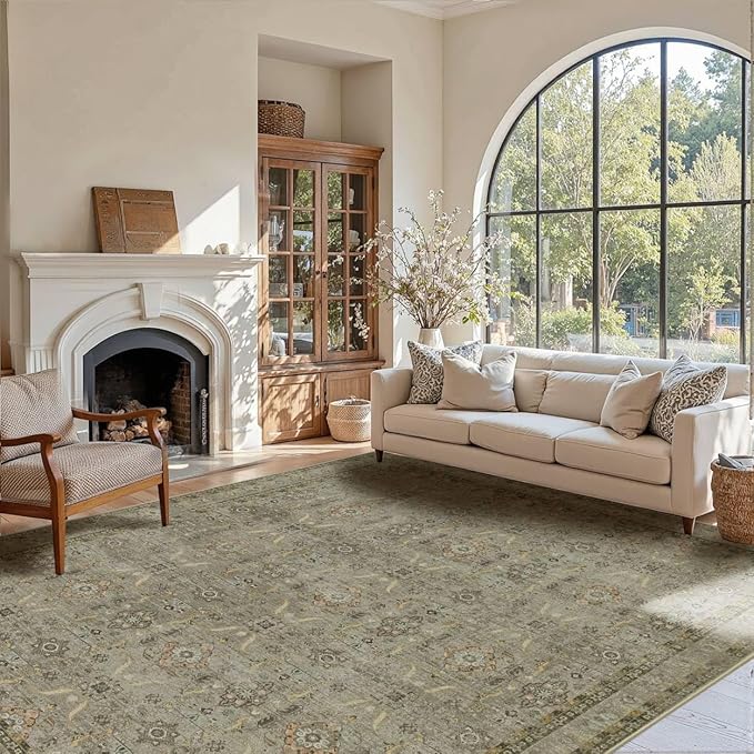 Rugxara 5x7 Area Rugs for Living Room Bedroom, Washable Rug, Vintage Floral Boho Rug, Non Slip & Low Pile Faux Wool Thin Carpet for Indoor Dining Room and Kids Room(Olive Brown 5x7ft)