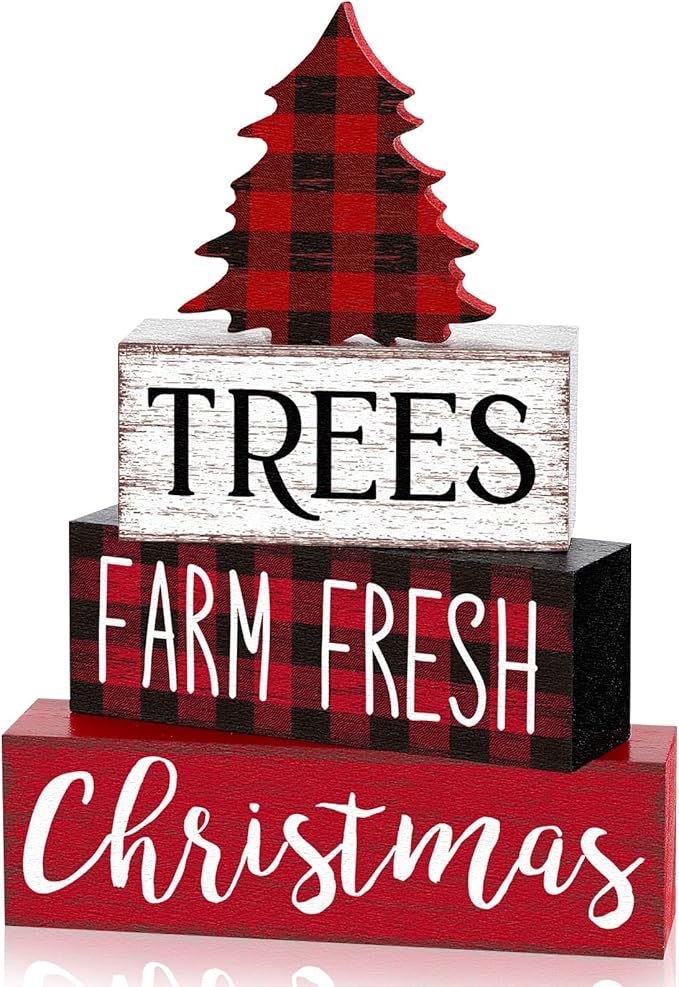 Marsui 4 Pcs Christmas Wooden Tabletop Decor Neutral Christmas Decor Rustic xmas Tree Block Sign Buffalo Plaid Table Centerpiece for Home Office Desk Tiered Tray Farmhouse Decorations