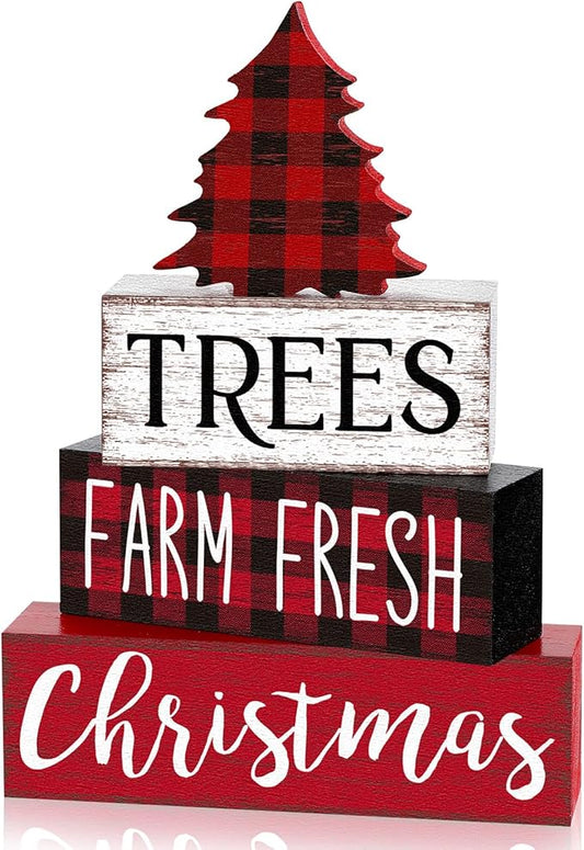 Marsui 4 Pcs Christmas Wooden Tabletop Decor Neutral Christmas Decor Rustic xmas Tree Block Sign Buffalo Plaid Table Centerpiece for Home Office Desk Tiered Tray Farmhouse Decorations