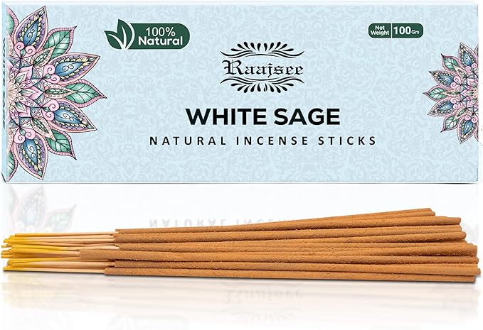White Sage Incense Sticks for Cleansing 100 gm Pack - 100% Natural -Charcoal Free - Organic Non Toxic Clean Burning - Made from Upcycled Flowers