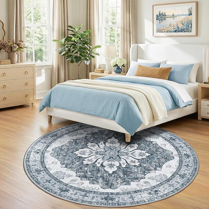 RELEANY Area Rugs 7ft Washable Non-Slip, Floral Vintage Distress Print Pattern Medallion Carpet for Living Room Bedroom Dining Room, Light Gray Grey White