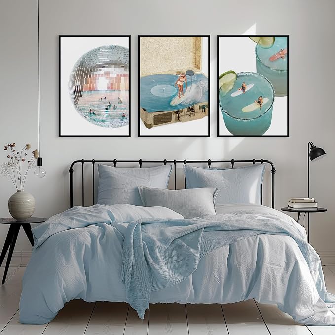 Blue Coastal Groove Wall Art Retro Disco Beach Canvas Poster Summer Surf Wall Decor Trendy Coastal Pictures Ocean Painting Preppy Aesthetic Prints Funky Artwork for Girls Bedroom 12x16 Inch Unframed