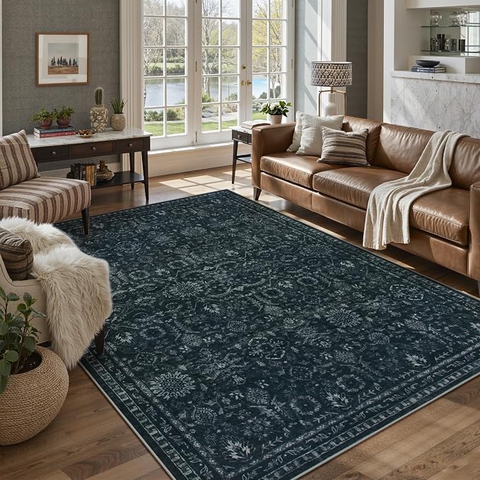 Lahome Dark Academia Moody Rug, 5x7 Dark Black Soft Living Room Bedroom Rug | Vintage Non Slip Non Shedding Low Pile Carpets for Dining Room Hardwood Floor Room Decor