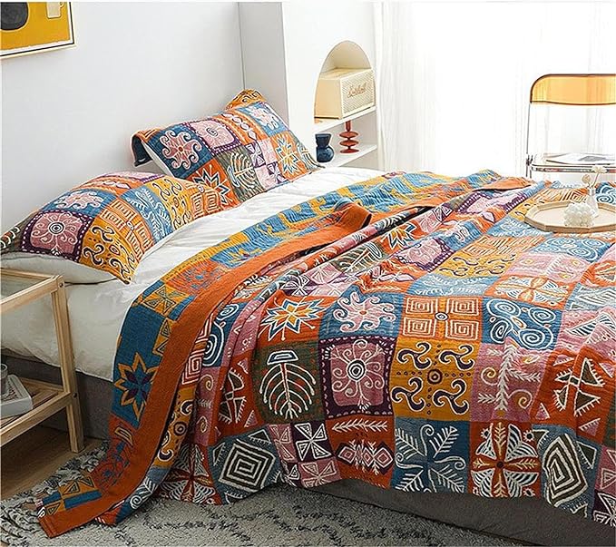 MSGKV Summer Cotton Throw Boho Blanket for Couch Bed, 60"x80" Muslin Brathable Lightweight Travel Decor Blanket for Bedroom