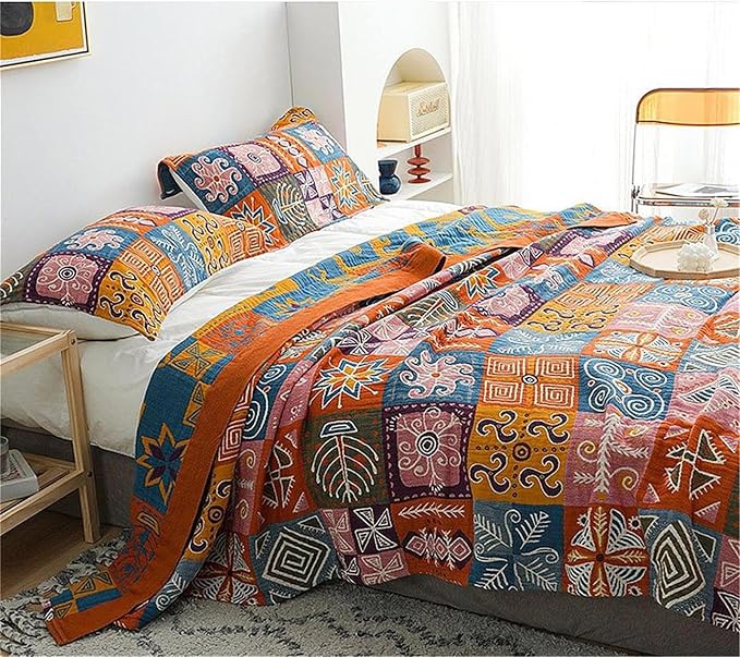 MSGKV Summer Cotton Throw Boho Blanket for Couch Bed, 80"x90" Muslin Brathable Lightweight Travel Decor Blanket for Bedroom
