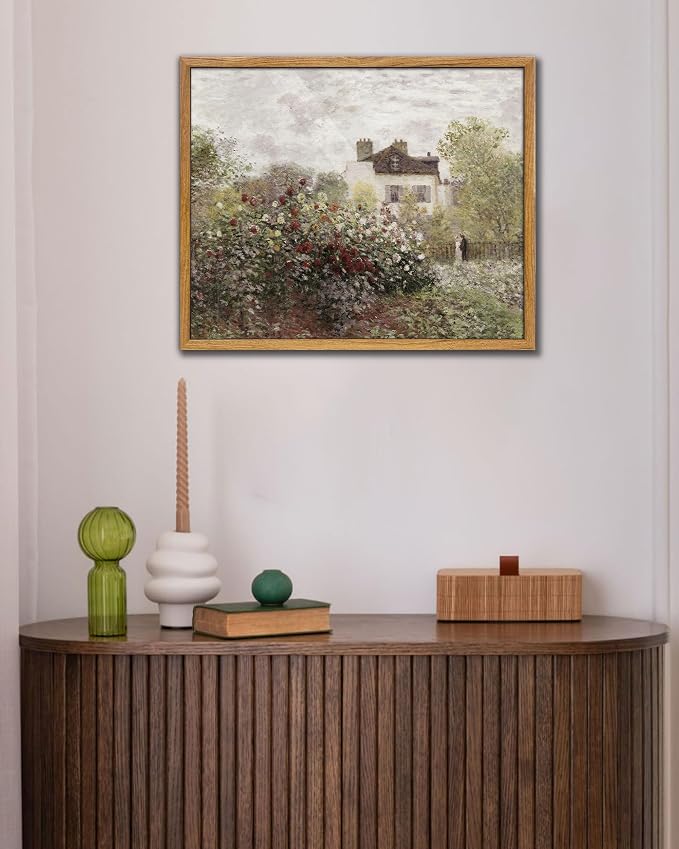 UPWOIGH Monet Inspired Garden Framed Wall Art, 16 x 24 Inch | Impressionist Rose Garden and Cottage Scene, Soft Vintage Tones, Warm Wood Frame for Living Room, Bedroom and Office