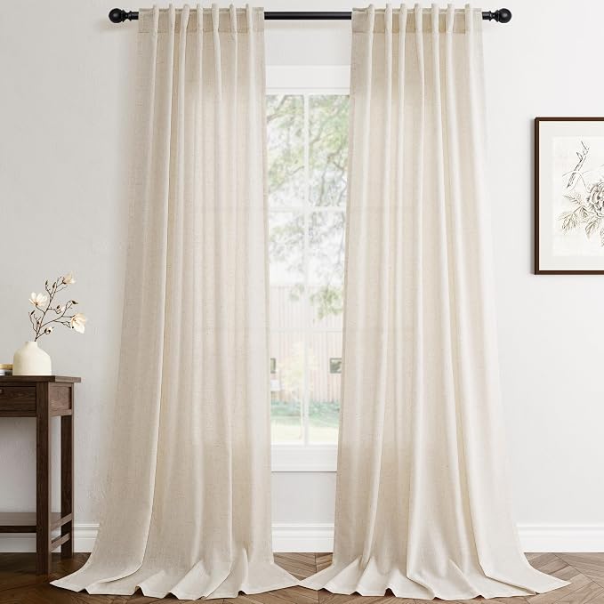 Jowels Cream Linen Curtains 84 Inch Long 2 Panels for Living Room | Beige Flax Light Filtering Sheer Curtain,Back Tab Pocket Pleated Look,Farmhouse Textured Privacy Drapes for Bedroom Window