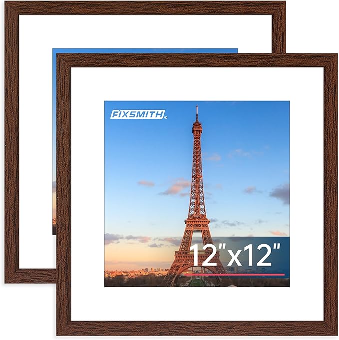 FIXSMITH 12x12 Picture Frame Brown Set of 2, Photo Frame with HD Plexiglass, Display Pictures 8x8 with Mat or 12x12 Without Mat, Brown Picture Frames Collage Wall Decor, Gallary Wall Frame