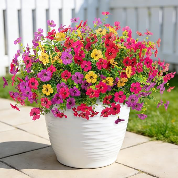 ADXORA 12 Bundles Artificial Flowers,Faux Plants for Spring Summer Decoration, UV Resistant Colorful Violets Eucalyptus for Outside Home Planter Porch Patio Yard Decor