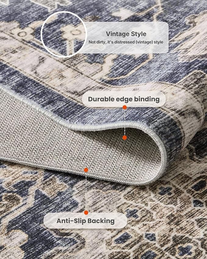 AMADA HOMEFURNISHING 8x10 Washable Area Rug, Low-Profile Large Area Rug with Non-Slip Backing & Durable Edge Binding, Vintage Large Rugs for Living Room, Bedroom, Dinning Room