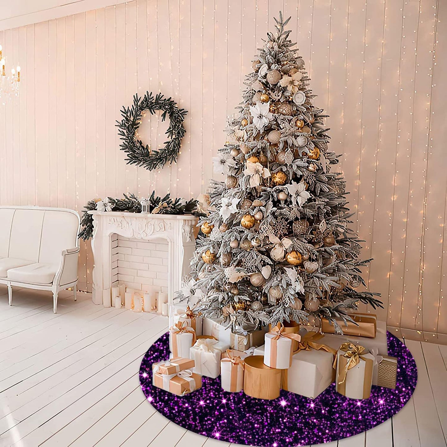 Purple Christmas Tree Skirt Decorations 46 Inch Sequin Christmas Tree Skirt Sparkly Halloween Tree Mat Velvet Tree Skirts Xmas Home Decor Sequins Tree Cover Round Tree Base Skirt for Christmas Decor