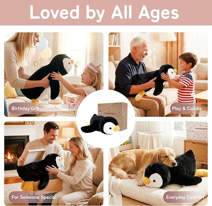 Niuniu Daddy Penguin Weighted Stuffed Animals for Kids & Adults, 24" | 5lb Large Weighted Plushies Pillow for Sleeping and Calming, Cute Lying Plush Toy Huggable Gift for Everyday Comfort