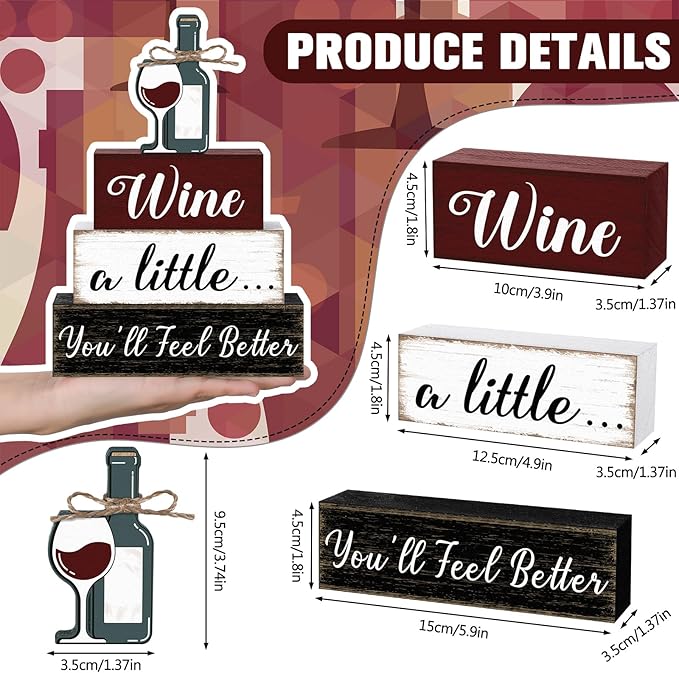 Marsui 4 Pcs Wine Tabletop Decor Rustic Coffee Bar Tiered Tray Decor Decorative Wood Wine Bottle Block Sign Gift Wooden Farmhouse Table Centerpiece for Home Party Shelf Desk Decoration