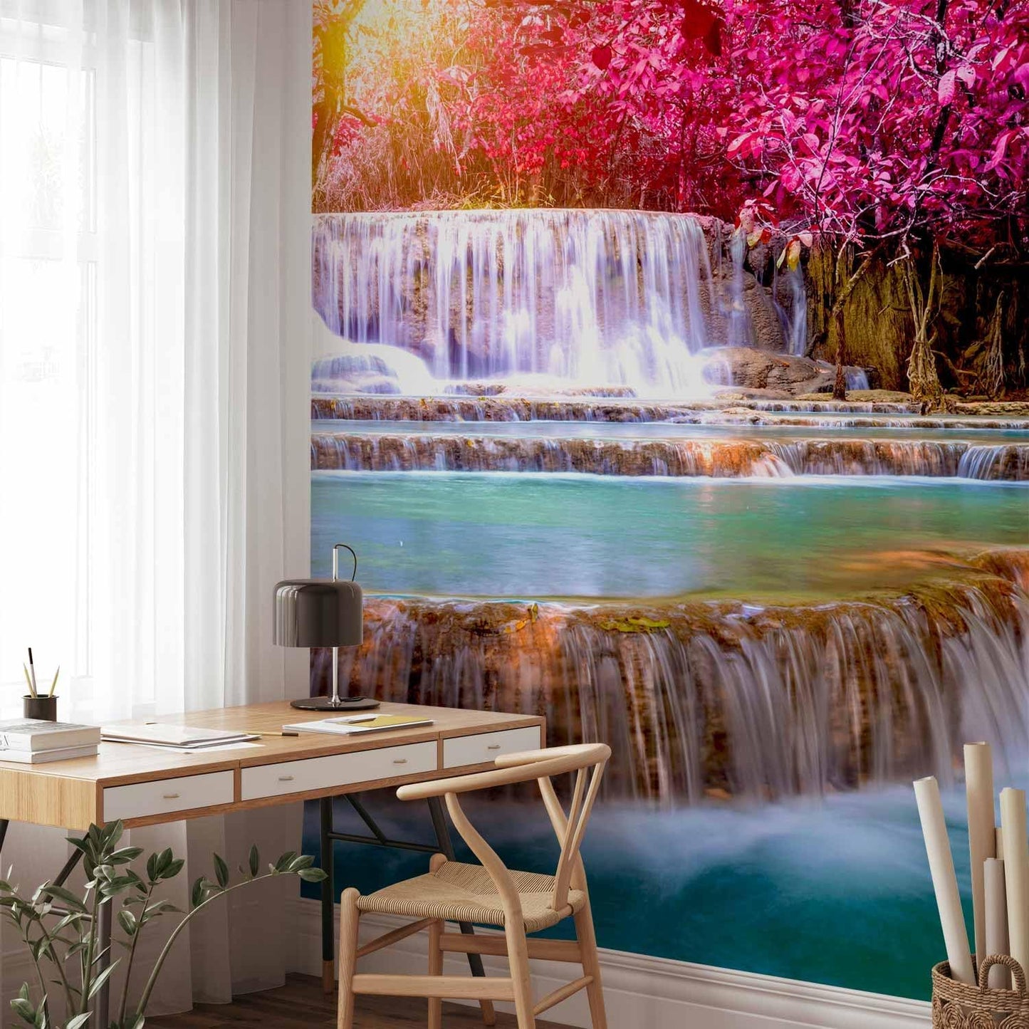 artgeist Wall Mural Waterfall 216x98 in - XXL Non-Woven Corner Wallpaper Fleece Angle Wall Decor Photo Print Picture Image Design Modern Nature Sun Pink Tree Forest c-B-0474-a-a