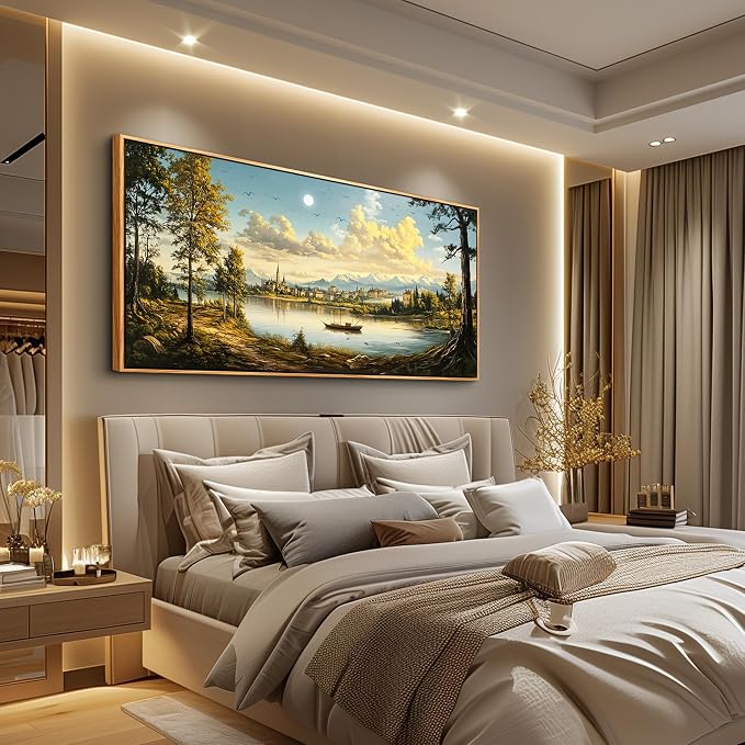 XIGUANGART Large Framed Wall Decor, Landscape Wall Art, Ocean Nature Wall Art, Riverside Farm Canvas Art Prints,Vintage Rustic Farmhouse Wall Decor Paintings for Living Room Bedroom Bathroom Kitchen
