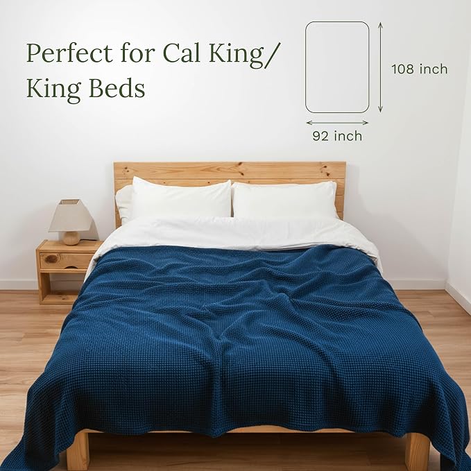 Organic Cotton Blue King Blanket - GOTS Certified, Waffle Weave, Soft, Breathable, Premium and All-Year 100% Cotton Blanket - Cozy, Hypoallergenic and Sustainably-Made (Navy Blue - King/Cal King)