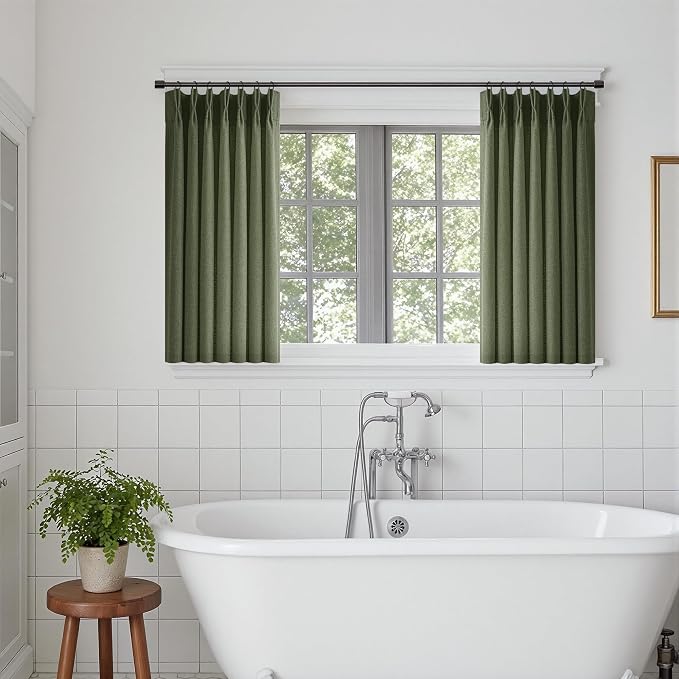 36 Inch Pleated Linen Curtains 36 Inch Length 2 Panel Set Memory Trained Pinch Pleated Privacy Semi Sheer Light Filtering Short Kitchen Window Curtain Thick Loden Olive Green Mini Cafe Small Drapes