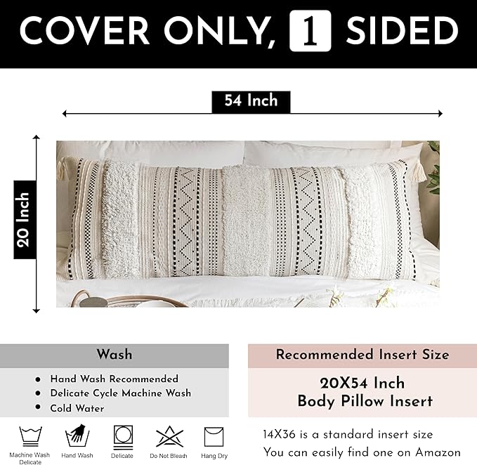 BlissBlush 20X54 Oversized Large Lumbar Pillow Cover for Bed, Rectangular Long Decorative Throw Pillowcase, Cotton Boho Accent Cushion with Black Tufted Pattern and Tassels, Cream Neutral (Cover Only)