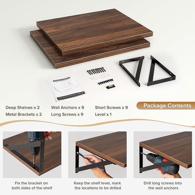 Acovy Deep Floating Shelves Wall Mounted, 16"x12" Walnut Wall Shelves with Brackets Set of 2 for Bedroom, Living Room, Bathroom, Kitchen, Office - Storage & Display Shelf for Decor, Books, Plants