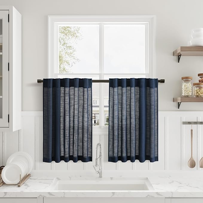 Navy Blue Kitchen Tier Curtains 24 Inch Length Linen Blend Privacy French Country Light Filtering Short Curtain with Rod Pocket Back Tab for Over Sink Window Boy Bathroom Laundry 2 Panels 30Wx24L