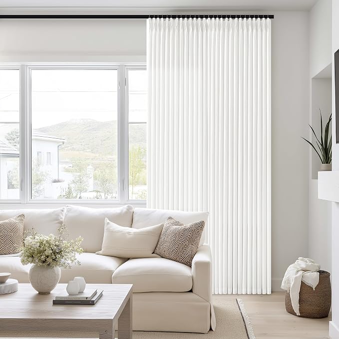 Off White Pinch Pleated Semi Sheer Linen Curtains 102 Inch Length | Ivory, Floor To Ceiling, Light Filtering, Privacy, Bedroom, Living Room, Burlap Textured, Memory Shape, Hook Rings, Modern
