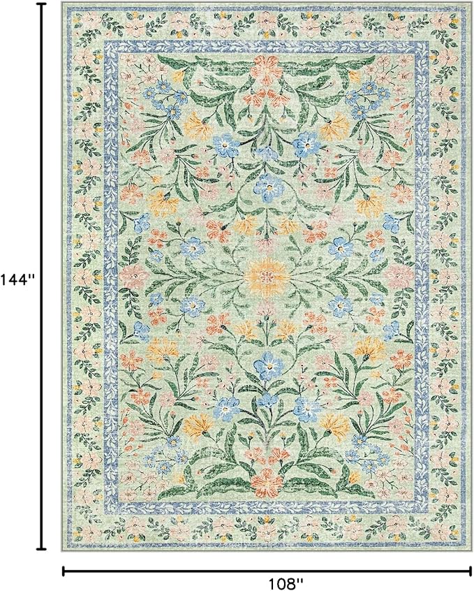 Wonnitar Machine Washable Area Rugs 9x12, Soft Sage Green Floral Rug for Living Room Bedroom, Ultra-Thin Large Foldable Boho Carpets for Playroom Classroom Dining Room