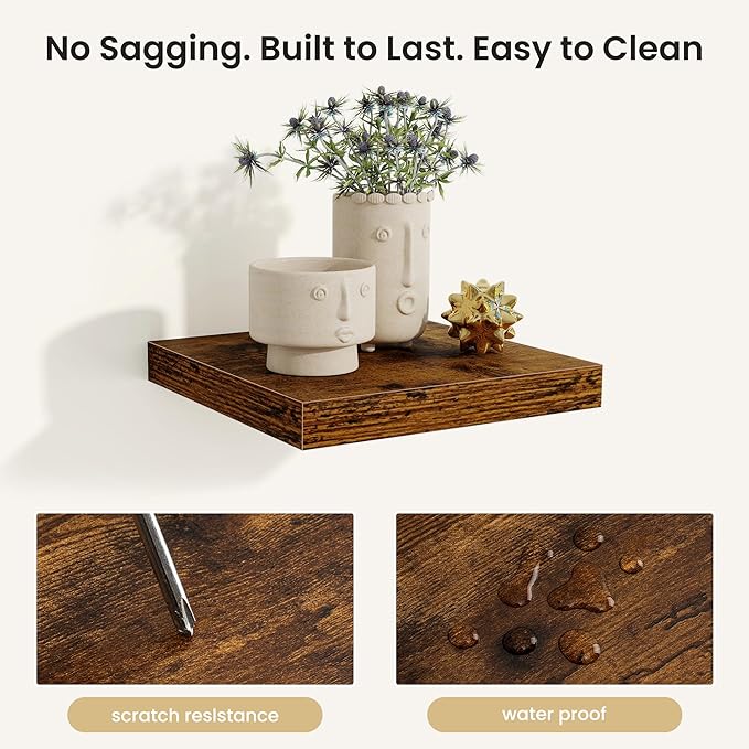Fun Memories Floating Shelves for Wall, Rustic Wood Wall Mounted Shelves for Bathroom, Bedroom, Living Room and Kitchen, Storage & Home Decor (Set of 3, Brown, 12 in)