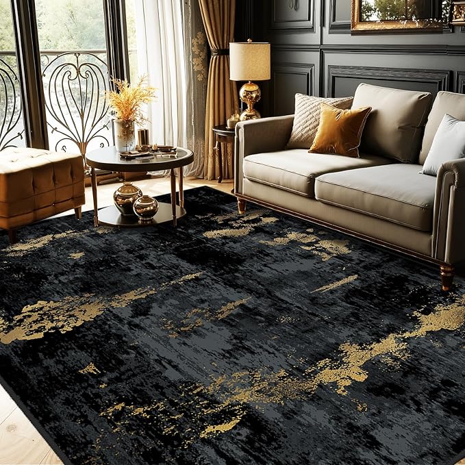RELEANY Washable Area Rugs 10'x12' Non-Slip Modern Abstract Soft for Living Room Entryway Bedroom Nursery, Print Pattern, Dark Black Gold