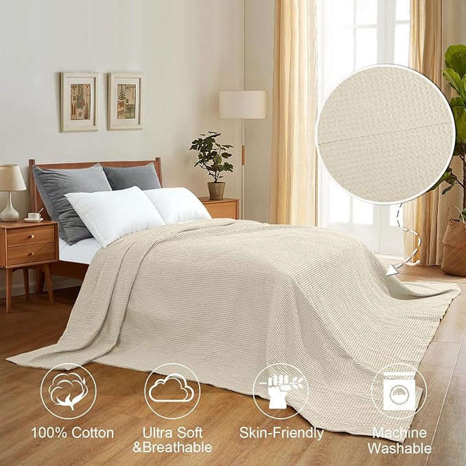 PHF 100% Cotton Waffle Weave Family Blanket Oversized King 120"*120",Pre-Washed Lightweight Breathable for Spring Summer,Machine Washable,10'x 10' Huge Extra Large Big,Home Decoration Gift-Linen/Stone