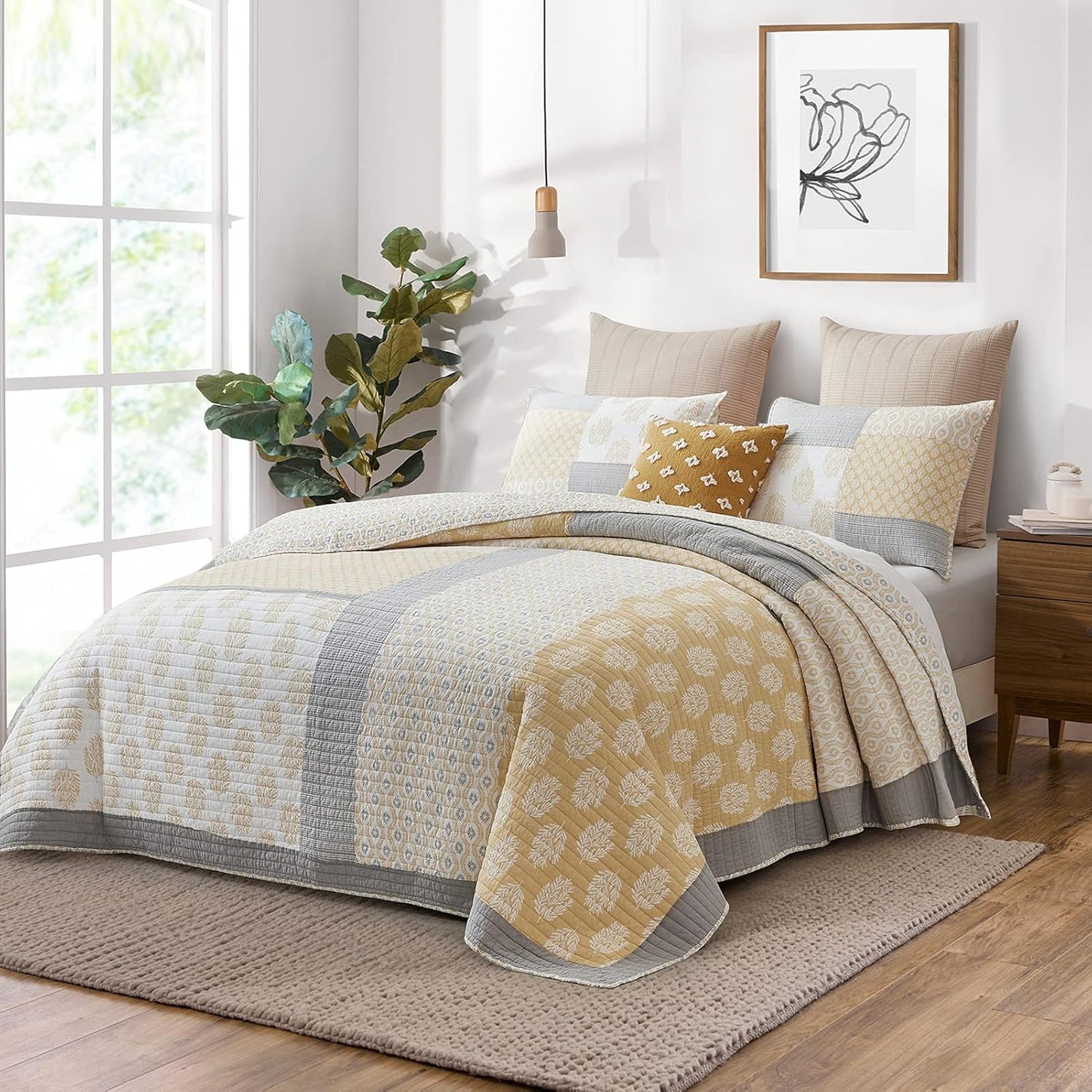 PANGUSHAN Quilt Set King Size,100% Cotton Bedspread Quilt Bedding Set,Floral Patchwork Quilt Set for King Bed,Yellow/Grey/White Bed Spread,Lightweight Comforter Reversible Quilt,All Season,3 Pieces