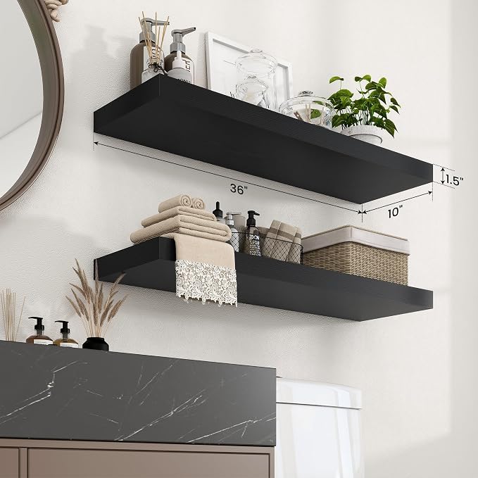 Axeman 36Inch Floating Shelves for Wall, 2 Pack Shelves for Bedroom, Bathroom, Kitchen, Hanging Wall Mounted Rustic Wood Shelf with Invisible Brackets for Books Decor, Black