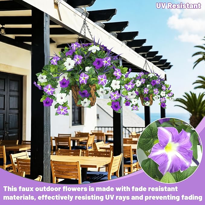 Artificial Flowers Hanging Baskets for Outdoors, 5PCS UV Resistant Faux Outdoor Plants, Fake Petunias Silk Flowers for Garden Balcony Yard Porch Decor (White Green Purple)