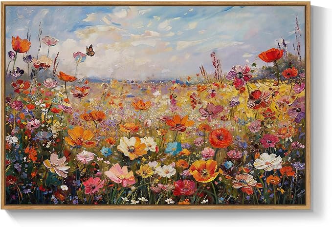 Framed Colorful Floral Botanical Wall Art, Flower Landscape Canvas Prints for Modern Farmhouse, Rustic Natural Wildflower Pictures for Living Room Bedroom Dining Room Office Wall Decor, 24x36 Inch