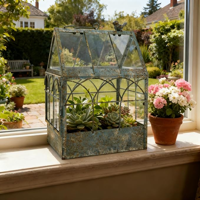 Large House Shape Glass Terrarium with Lid, Geometric Greenhouse - Style Planter for Ferns, Succulents, Air Plants, Handmade Indoor Tabletop Decor (Terrarium Only)